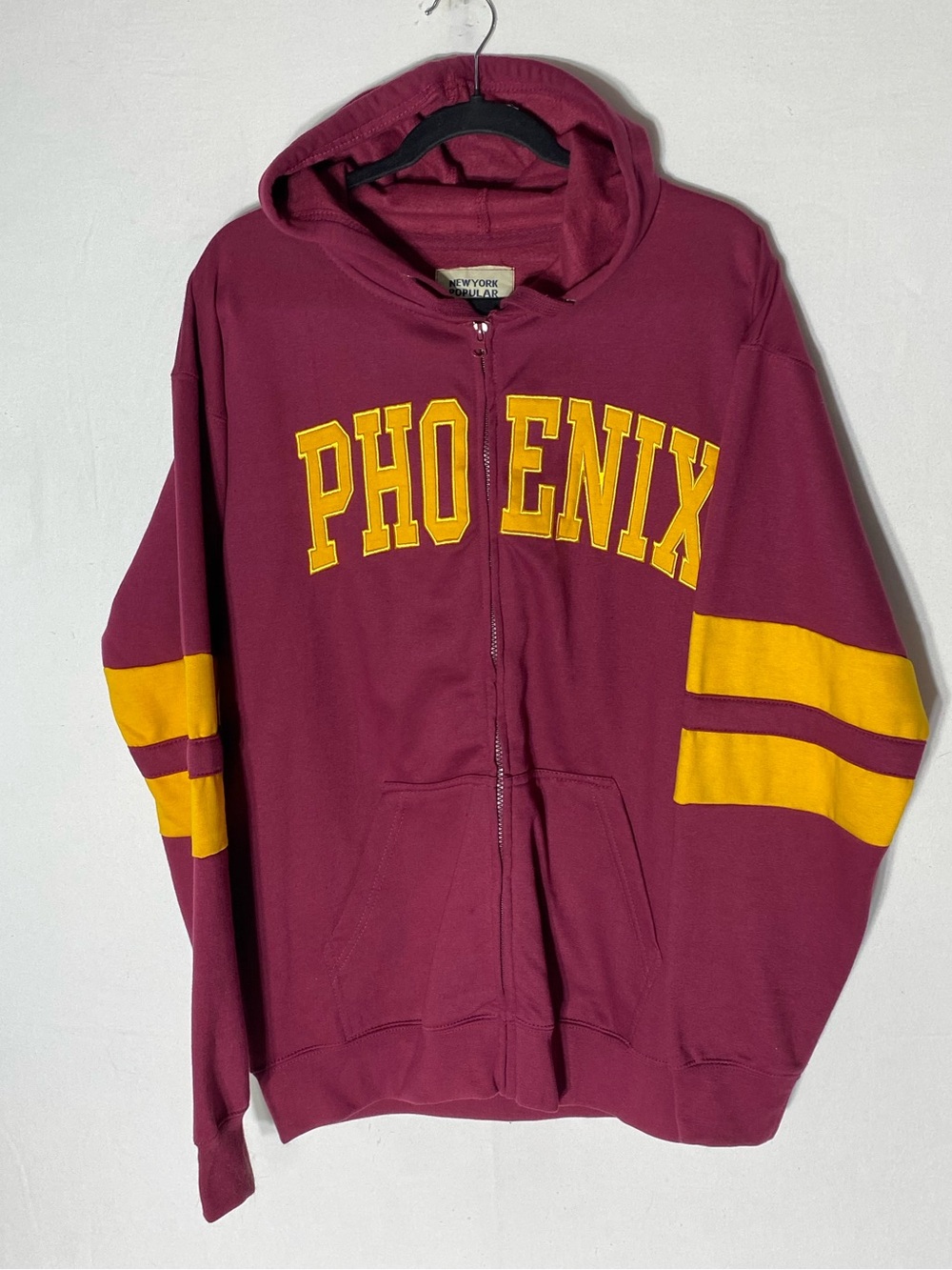 New York Popular Phoenix Zip Up Varsity Hoodie Maroon Yellow Size L